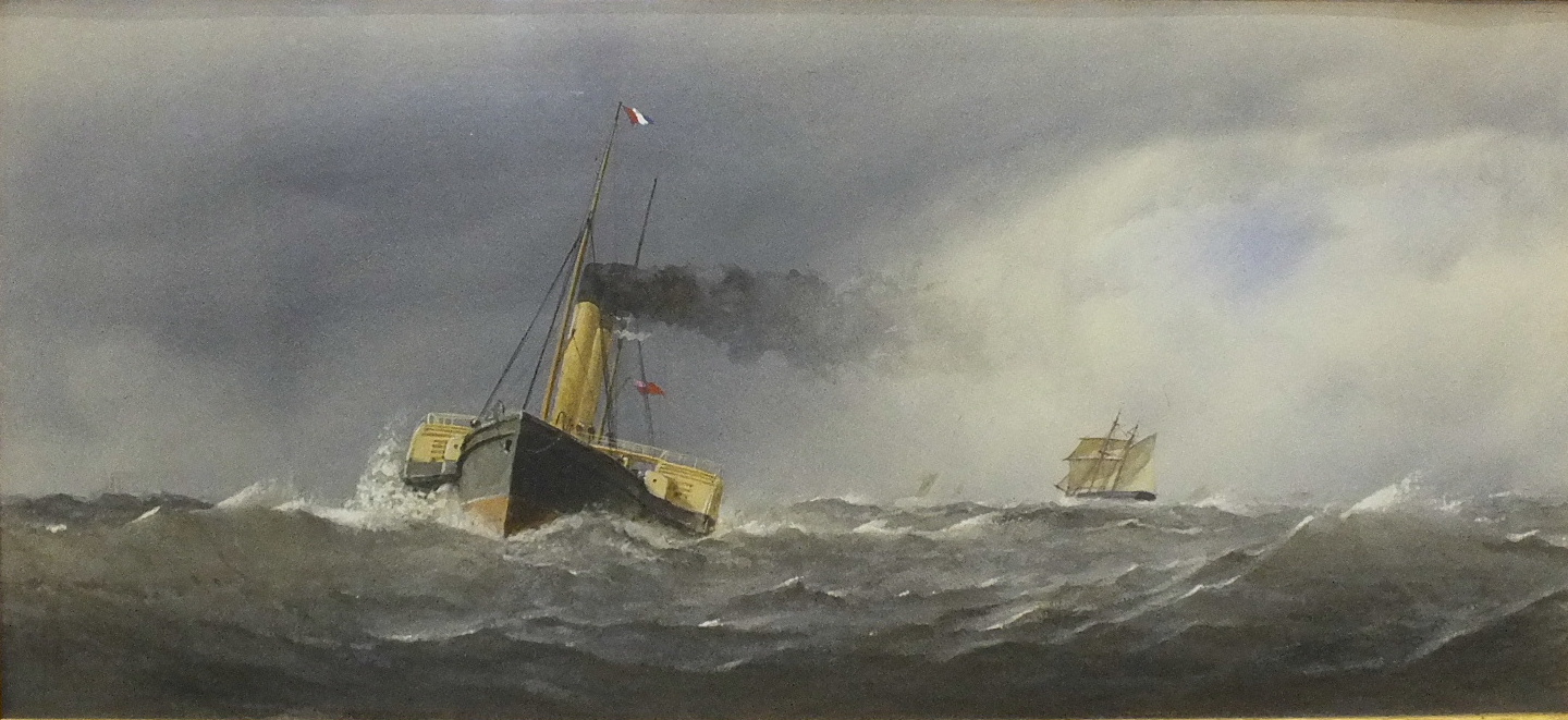 Henry Eustace Tozer 1870-1940 THE STEAM TUG LYONS IN CHOPPY SEA WITH OTHER VESSELS IN THE DISTANCE