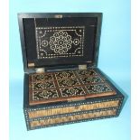 A Victorian porcupine quill jewellery box with ebony-framed and ivory inlay decoration, the hinged