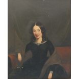 19th century English School PORTRAIT OF A YOUNG WOMAN WEARING A LACE-TRIMMED BLACK DRESS AND