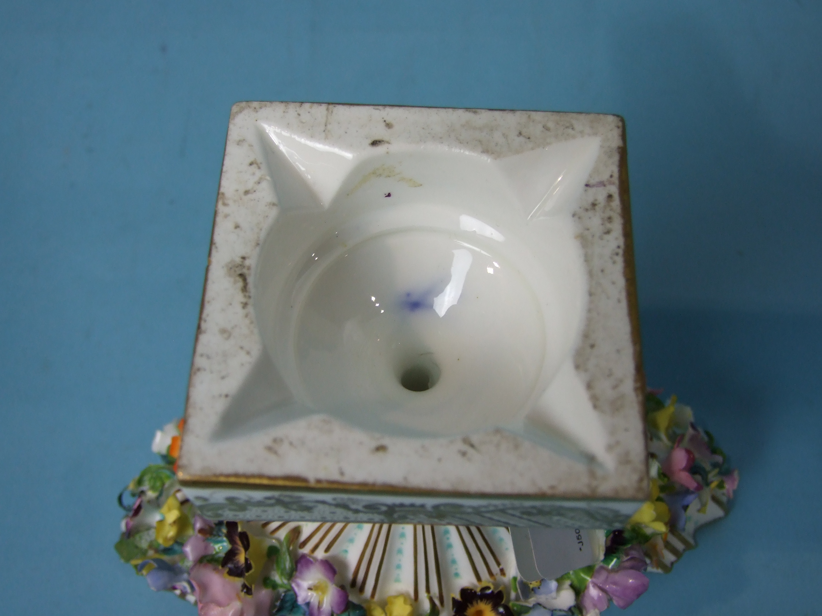 A mid-19th century Minton porcelain boat-shaped vase on square base encrusted with flowers, fine - Image 4 of 4