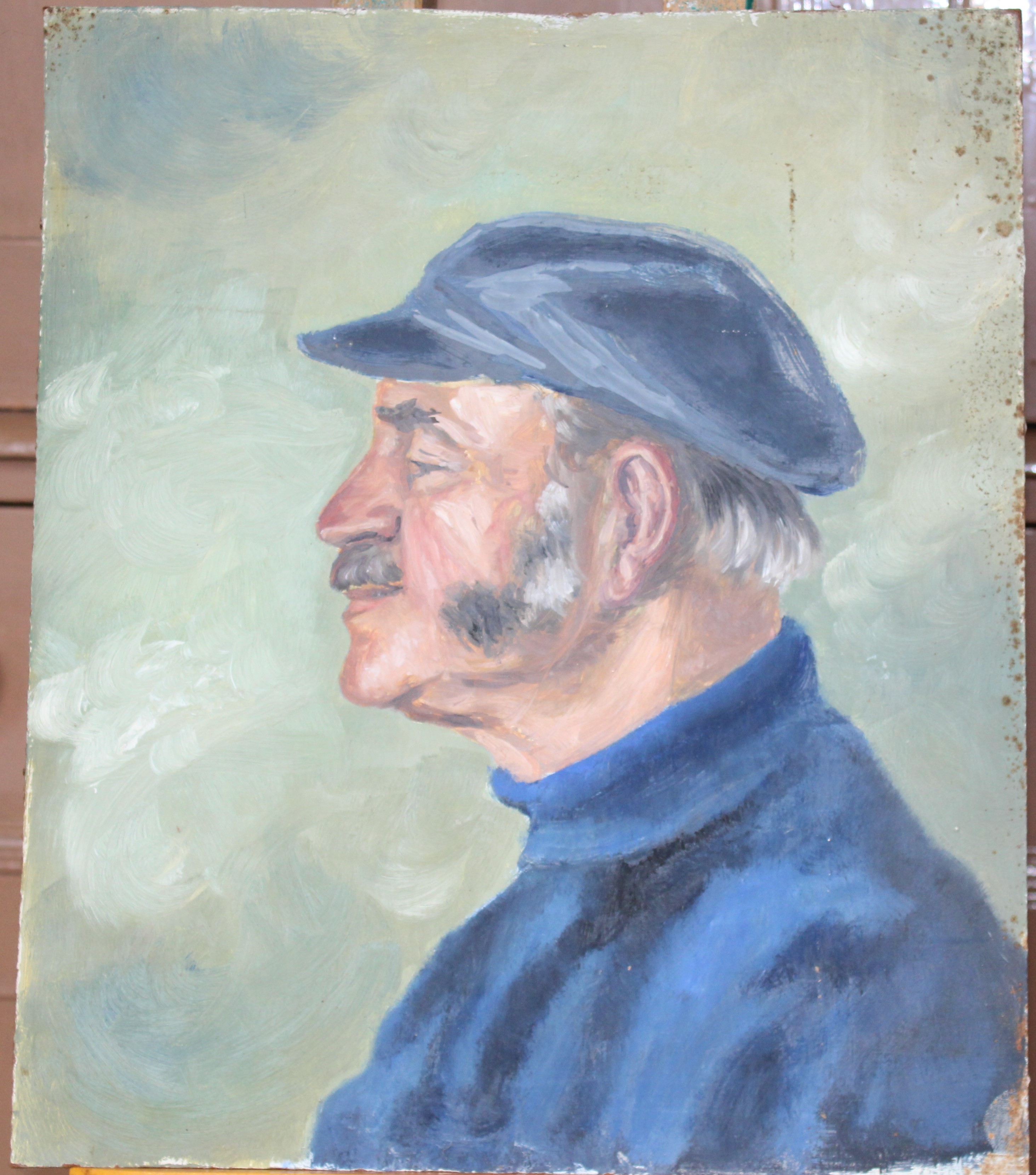 •FISHERMAN SMOKING A PIPE, SITTING ON A CAPSTAN Signed, unframed oil on board, 60.5 x 45cm and two - Image 3 of 3