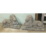 A pair of cast concrete reclining lion ornaments on rectangular bases, 58cm wide, 39cm high, (2).