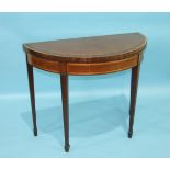 A George III mahogany and satinwood-banded fold-over card table, the half-round fold-over top raised