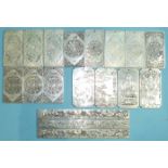 Eleven Chinese silver-coloured metal zodiac-type plaques, four similar shaped plaques, figures and