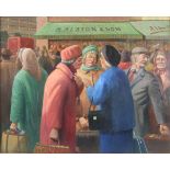 •THE GOSSIPS, THREE WOMEN TALKING AMONGST A CROWD OUTSIDE A SHOP Signed, framed oil on board, 59.5 x