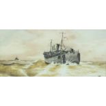20th century A WWII MINE-LAYING SHIP Unsigned watercolour, 16.5 x 36cm and a companion, a pair, (