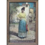 Victorano Codina Y Langlin GIRL STANDING IN A SUNLIT SQUARE Signed oil on canvas, 24 x 16cm.