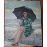•WOMAN WEARING A GREEN COAT WITH UMBRELLA, SEATED ON A SEA WALL Signed, unframed oil on board, 51