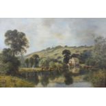 Henry Cooper (19th/20th century) A WATER MILL AND POND WITH FIGURES IN A MEADOW Signed oil on