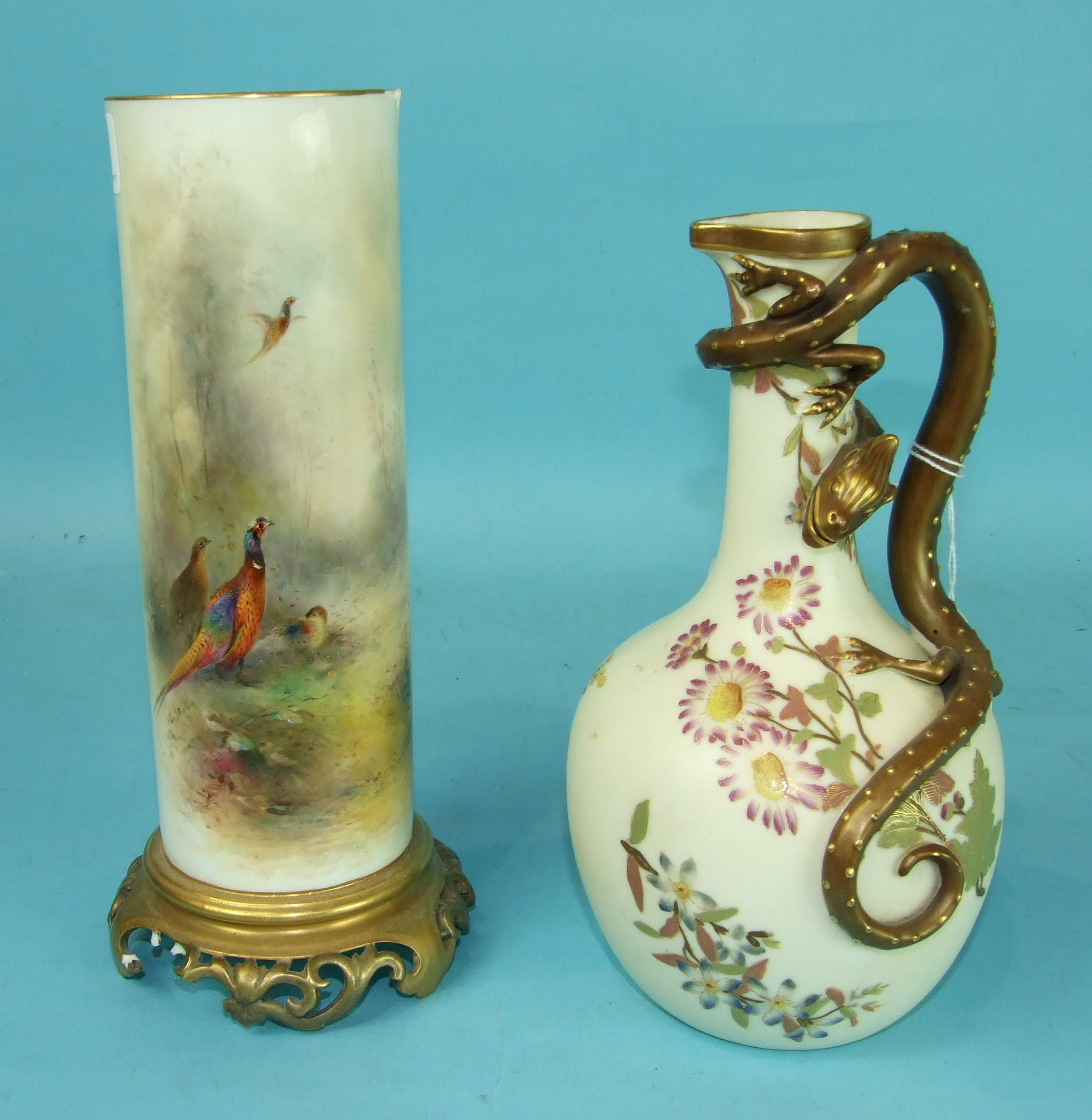 A Royal Worcester blush ivory dragon-handled ewer and a Royal Worcester large vase decorated with