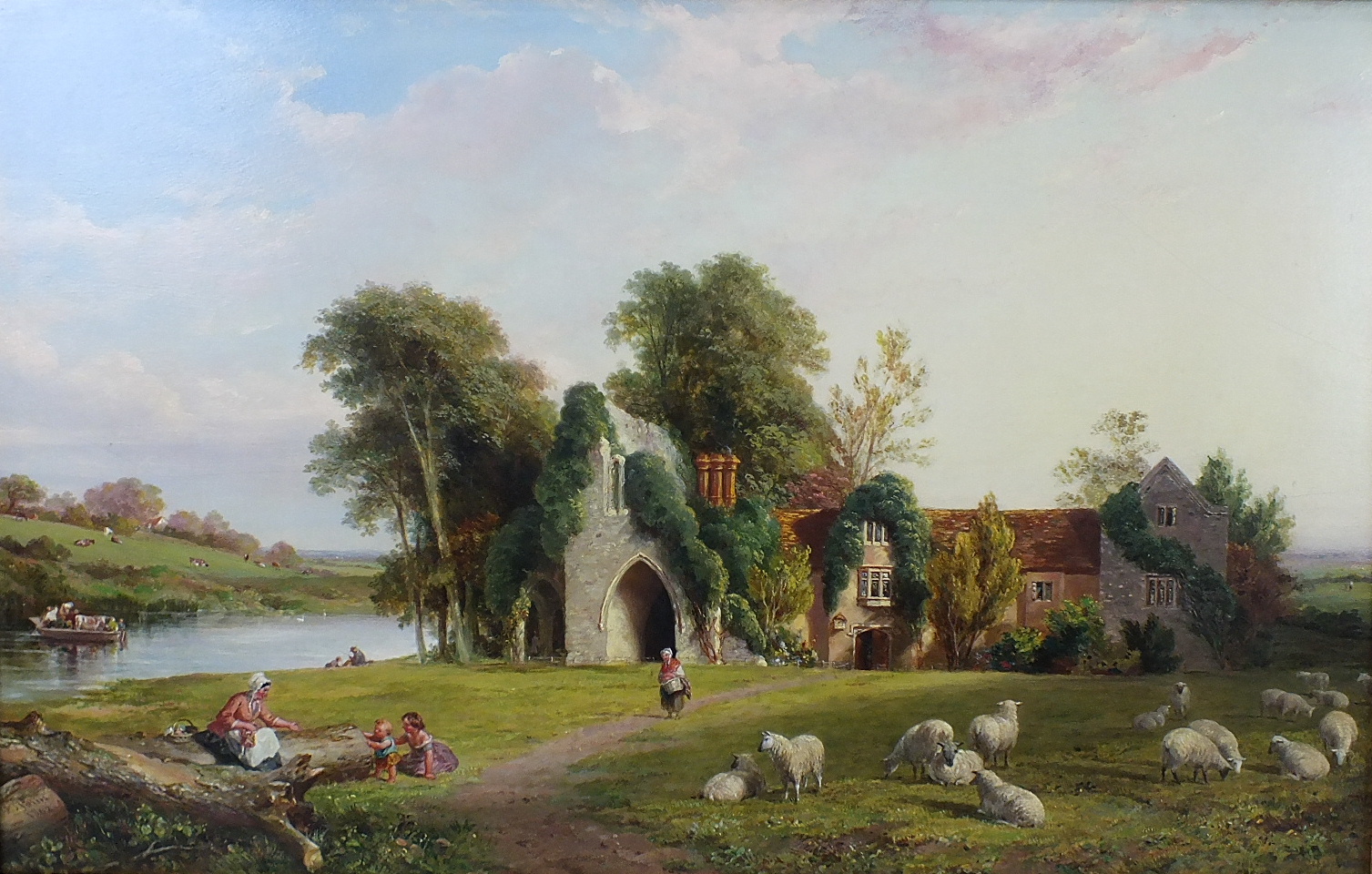 Edmund Thomas Parris (1793-1873) MEDMENHAM ABBEY, DANESFIELD, MARLOW, SHEEP AND FIGURES IN FRONT