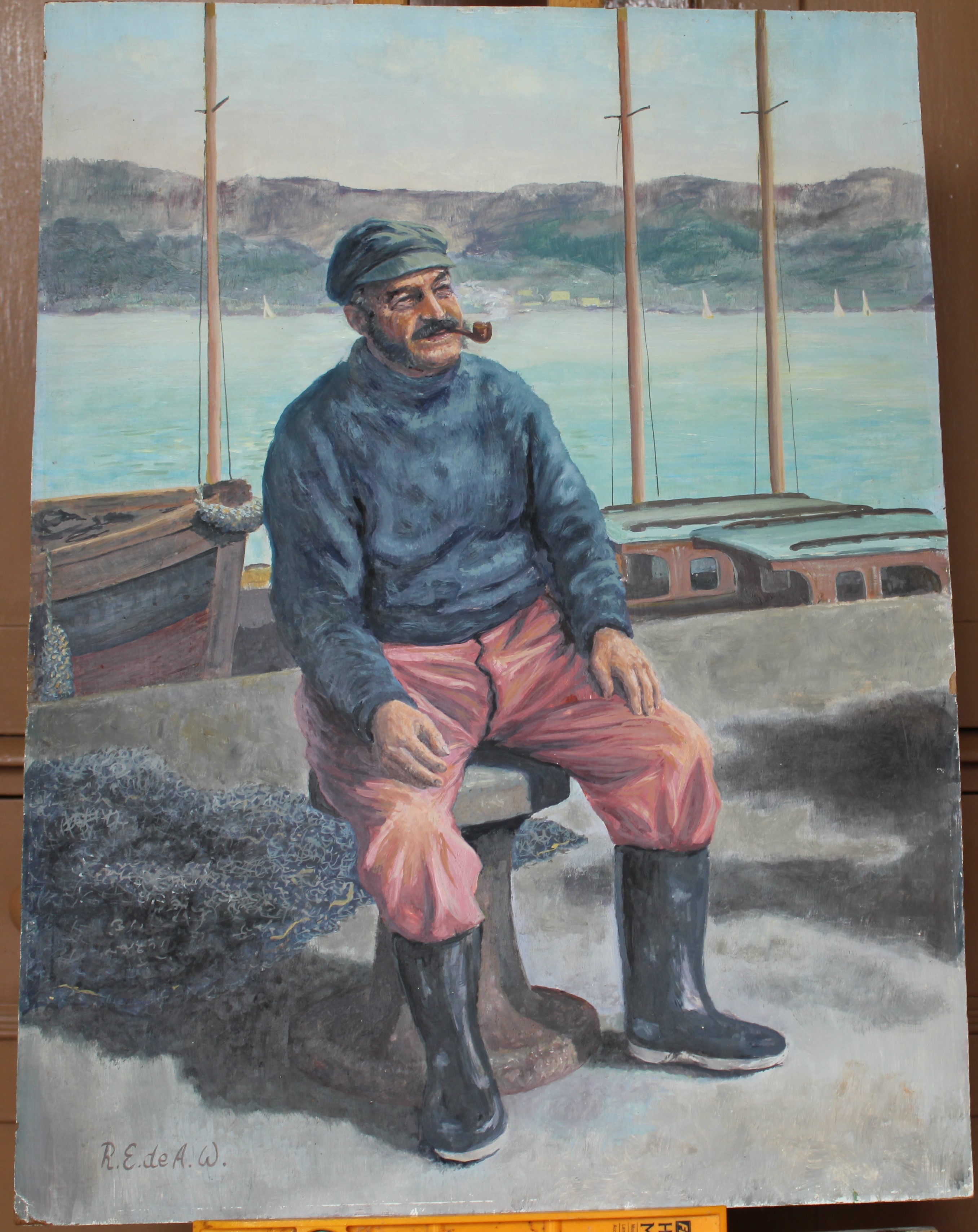 •FISHERMAN SMOKING A PIPE, SITTING ON A CAPSTAN Signed, unframed oil on board, 60.5 x 45cm and two