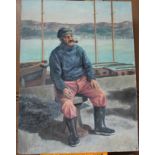 •FISHERMAN SMOKING A PIPE, SITTING ON A CAPSTAN Signed, unframed oil on board, 60.5 x 45cm and two