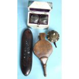 A 19th century mahogany novelty snuff box in the form of a pair of bellows, inset with brass pins