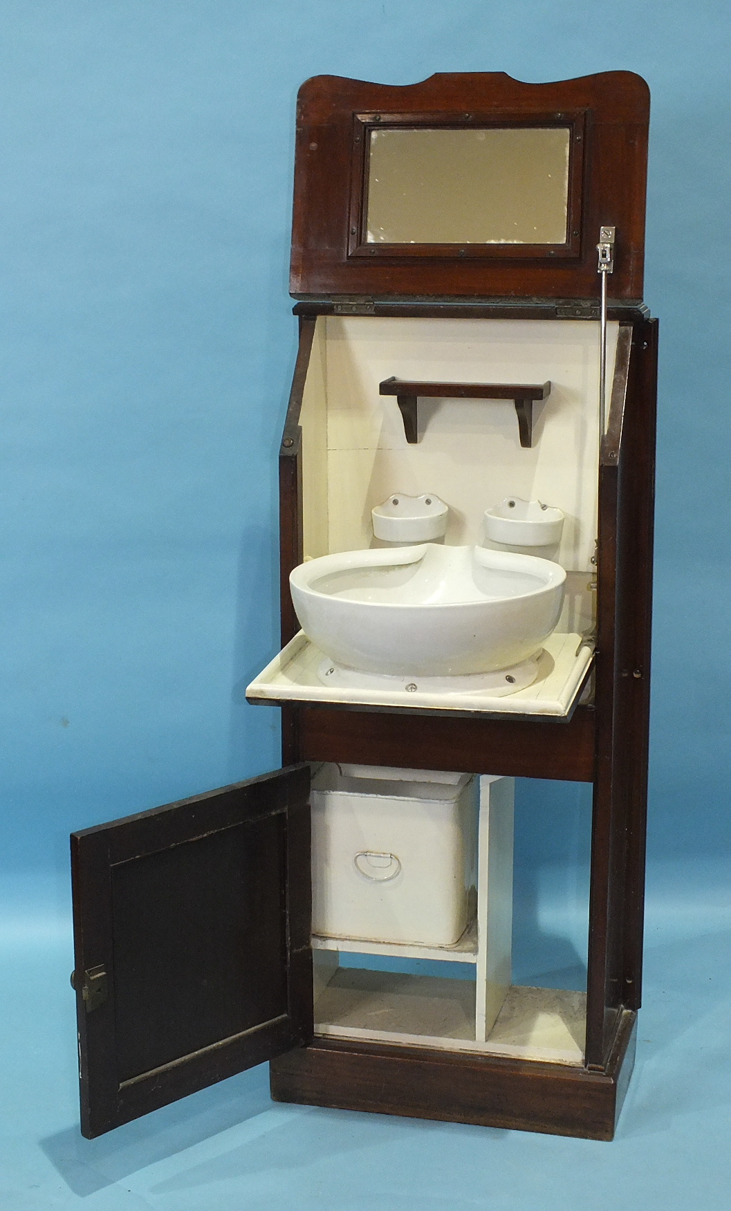 An unusual walnut marine bulkhead fold-away wash stand, the rising lid fitted with a mirror and - Image 2 of 2