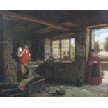 19th century English School A BLACKSMITH AT WORK WITHIN THE FORGE AND A YOUNG WOMAN STANDING IN