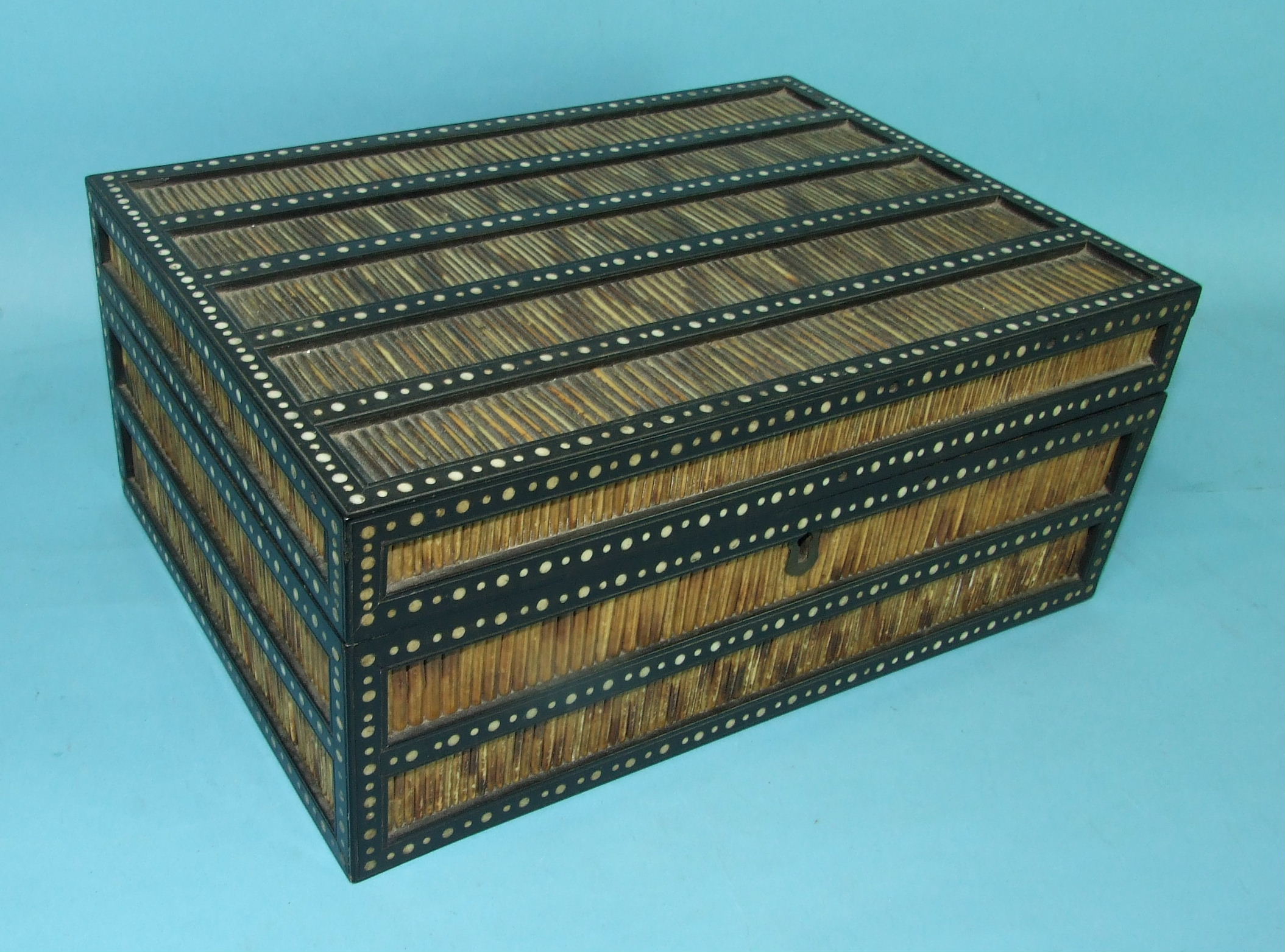 A Victorian porcupine quill jewellery box with ebony-framed and ivory inlay decoration, the hinged - Image 2 of 2