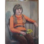 •PORTRAIT OF A GIRL WITH DAFFODILS Unsigned unframed oil on board, 41 x 30cm, GIRL SEATED ON A BED