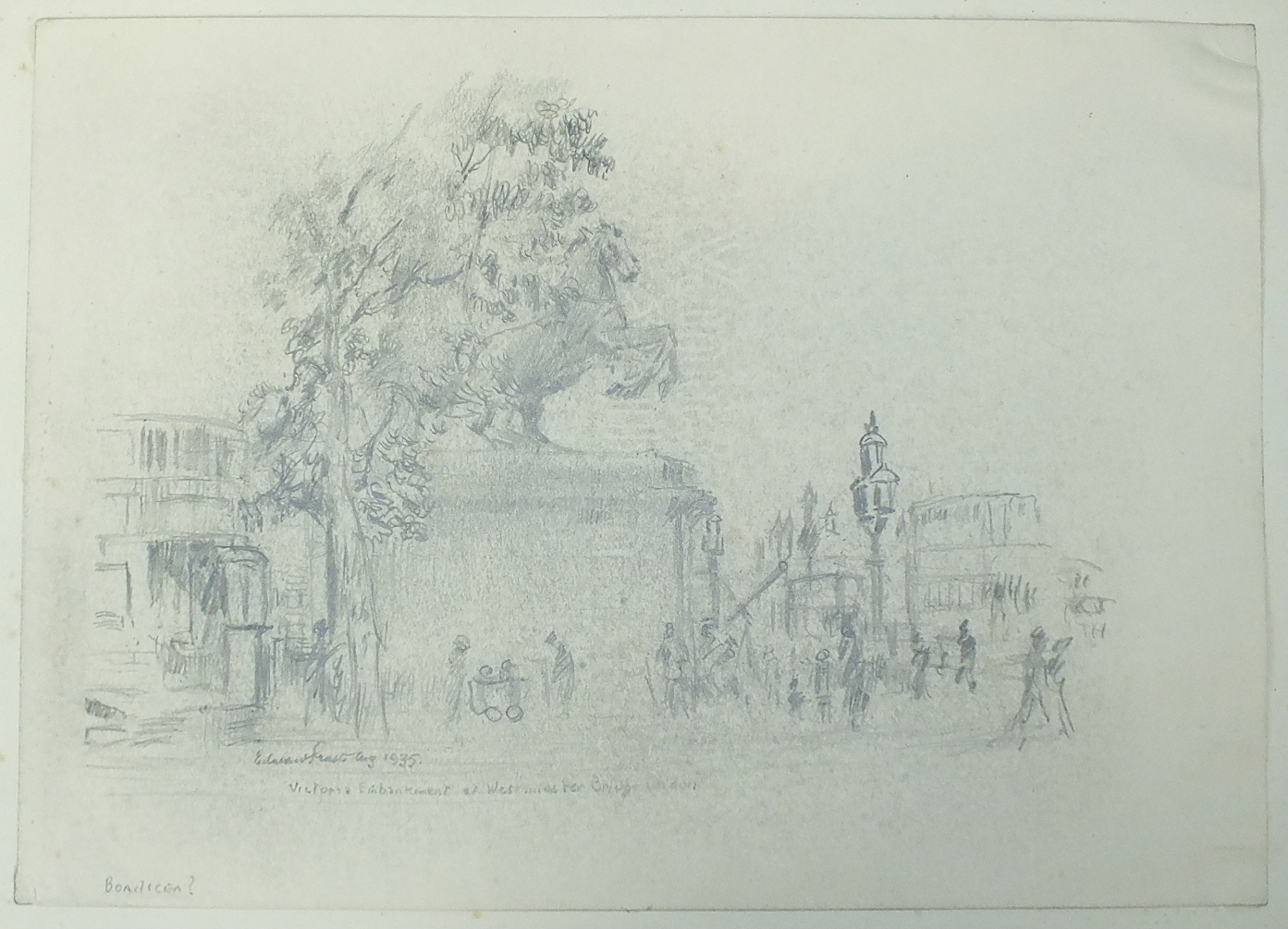 Edward Prust, 'Victoria Embankment of Westminster Bridge', signed pencil sketch, dated 1935, 16.8