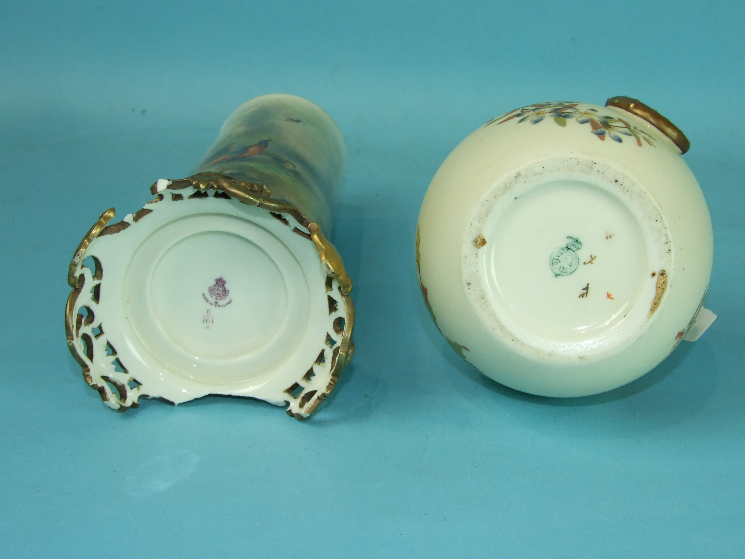 A Royal Worcester blush ivory dragon-handled ewer and a Royal Worcester large vase decorated with - Image 2 of 2