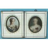 A pair of early-20th century portrait miniatures of noble women adorned with jewellery, 8.5 x