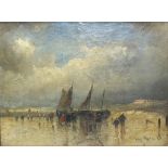 Auguste Van Hier FIGURES AND FISHING BOATS ON A BEACH Signed oil on canvas, dated 78, 26 x 31cm.