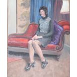•YOUNG WOMAN SEATED ON CHAISE LONGUE Unsigned unframed oil on board, 61 x 45cm and six other oils of