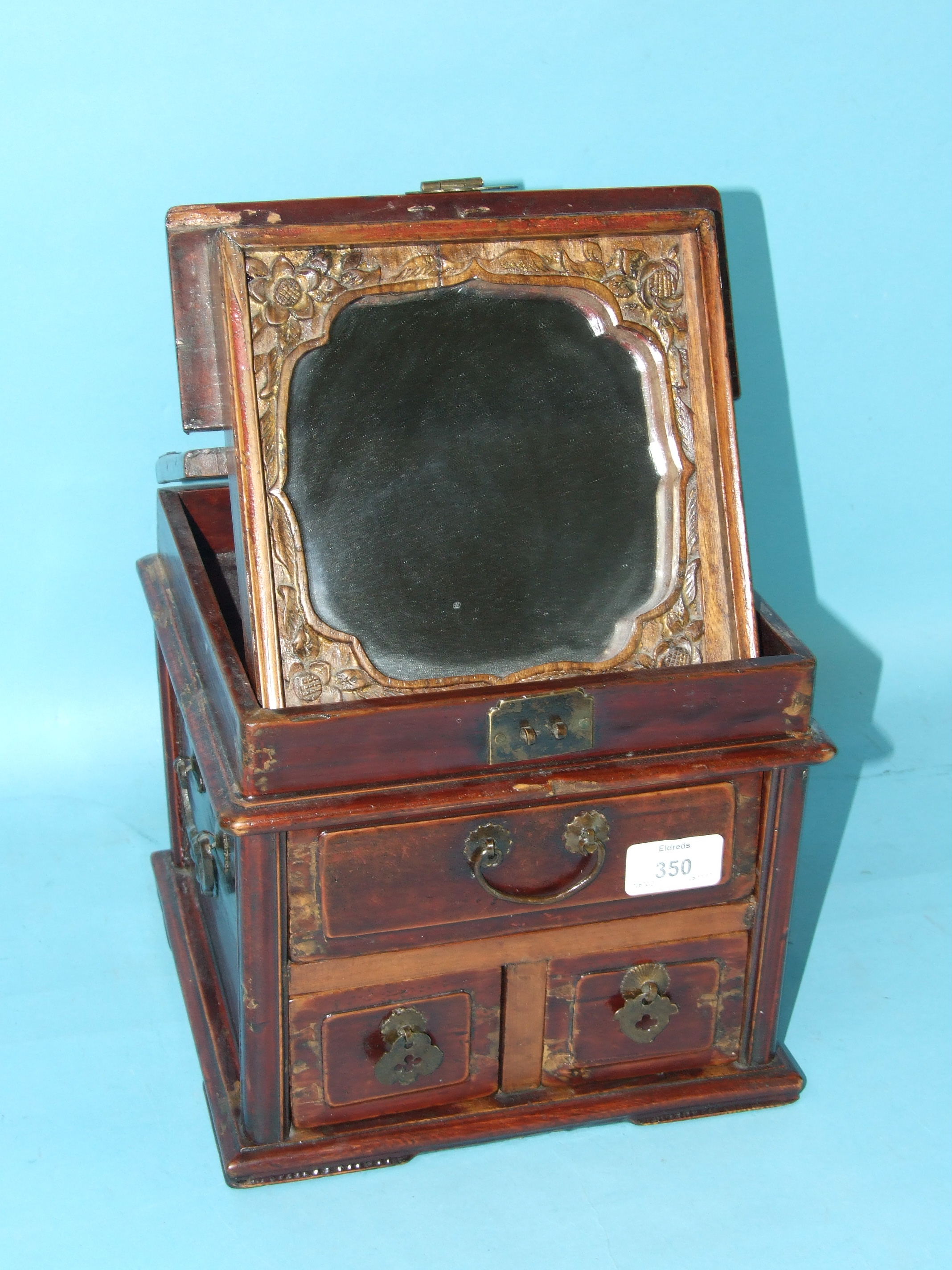 A 19th century Oriental lacquered wood jewellery box, the hinged top concealing a folding mirror - Image 2 of 2