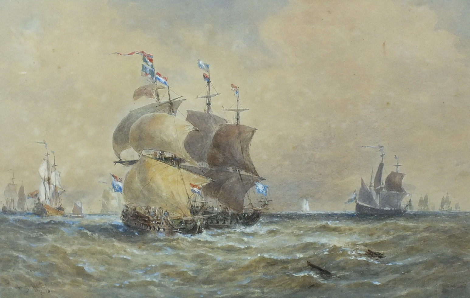 19th century DUTCH MEN OF WAR AT SEA Indistinctly-signed watercolour, 31 x 49cm, (faded).