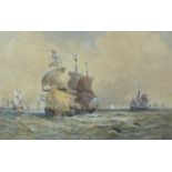 19th century DUTCH MEN OF WAR AT SEA Indistinctly-signed watercolour, 31 x 49cm, (faded).
