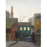 •MAN LEAVING THE DOCKYARD ENTRANCE Signed, unframed oil on board, 60.5 x 45cm and three unsigned