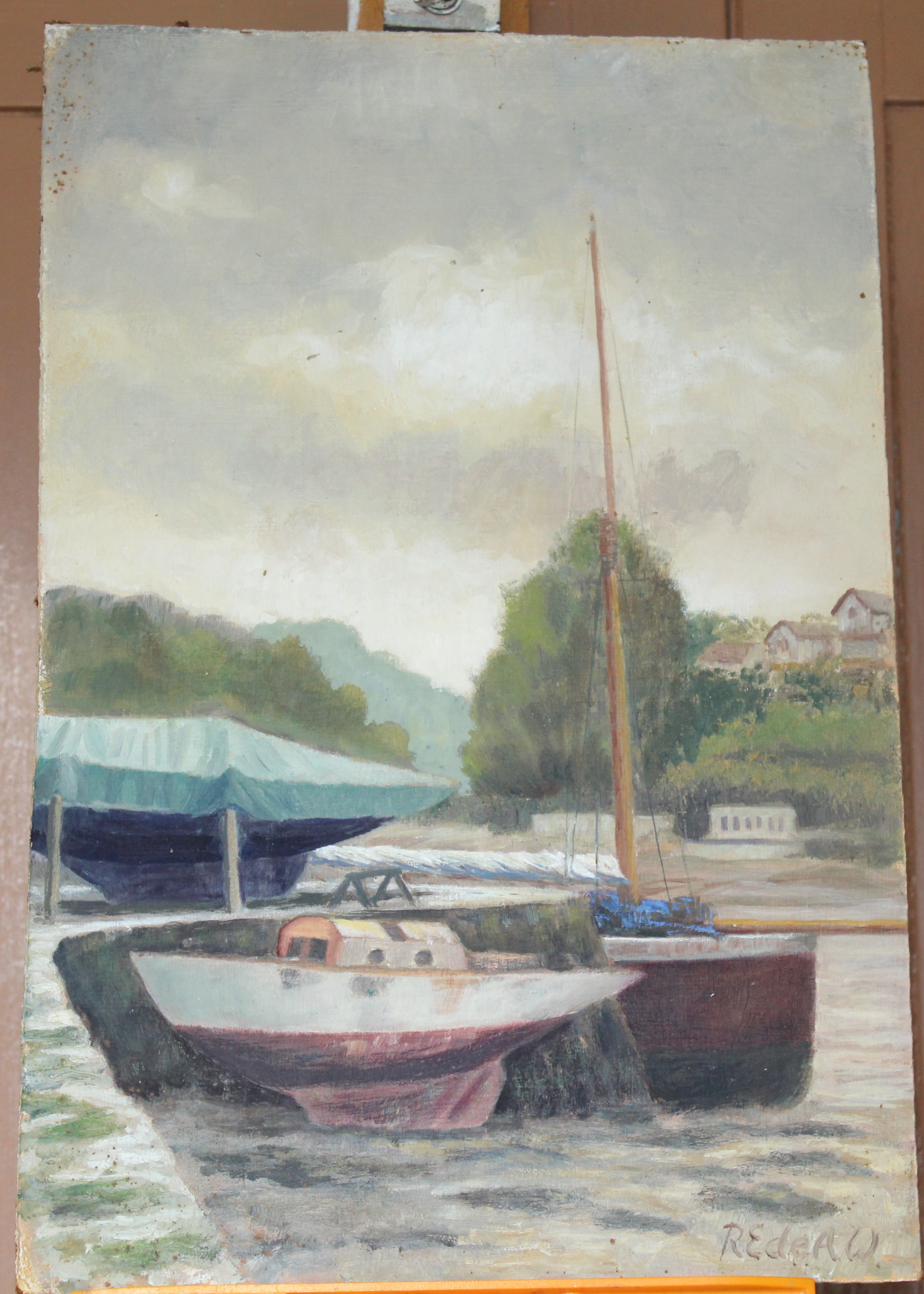 •YEALM FROM KITLEY Signed unframed oil on board, 46 x 61cm, BOATS MOORED IN A CREEK, 46 x 30cm and - Image 4 of 4