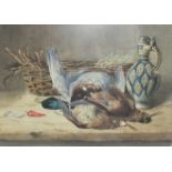 W F H........ STILL LIFE, DEAD GAME, A BASKET AND STONE JUG Indistinctly-signed watercolour, 22 x