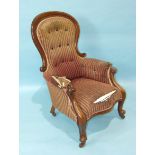 A Victorian mahogany button-back salon chair with moulded, framed and upholstered serpentine seat,