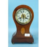 An Edwardian balloon-shaped inlaid mahogany mantel clock with white ceramic dial and French drum