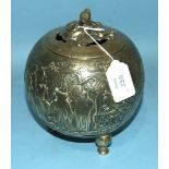 A 19th century Chinese globular brass censer and cover engraved with figures on balconies and in