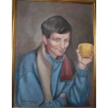 •PORTRAIT OF GRAHAM WOOLLCOMBE WEARING A RED SCARF AND HOLDING A YELLOW TEA CUP Signed framed oil on