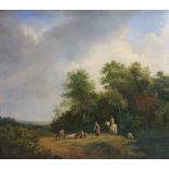 19th century Continental School FIGURES, CATTLE AND SHEEP BESIDE A WOOD AND STREAM Oil on panel,