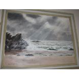 •WAVES BREAKING ON A ROCKY BEACH Signed framed oil on board, 45 x 59cm.