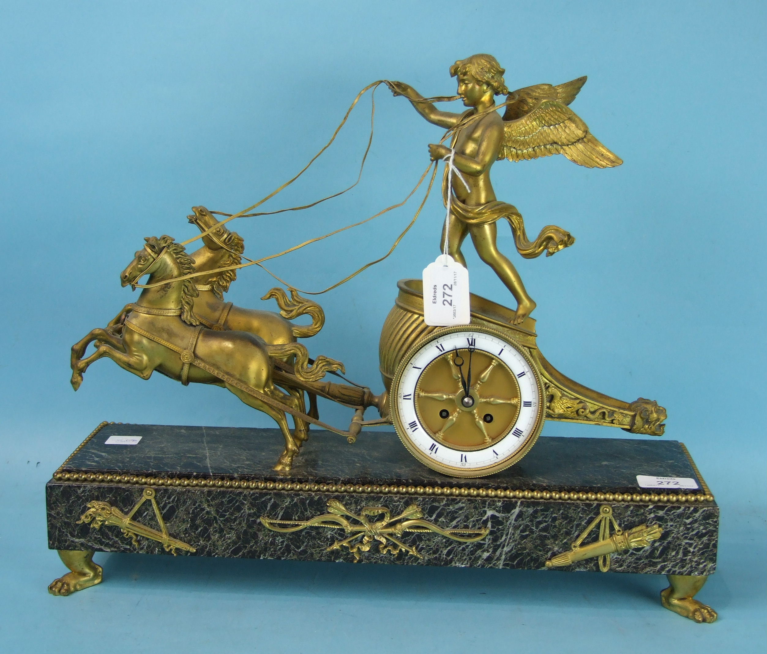 A 19th century French ormolu and marble mantel clock in the form of a chariot driven by a cherub and - Image 2 of 2