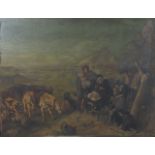 19th century English School FIGURES AND ANIMALS IN A LANDSCAPE Oil on panel, 47 x 62cm.