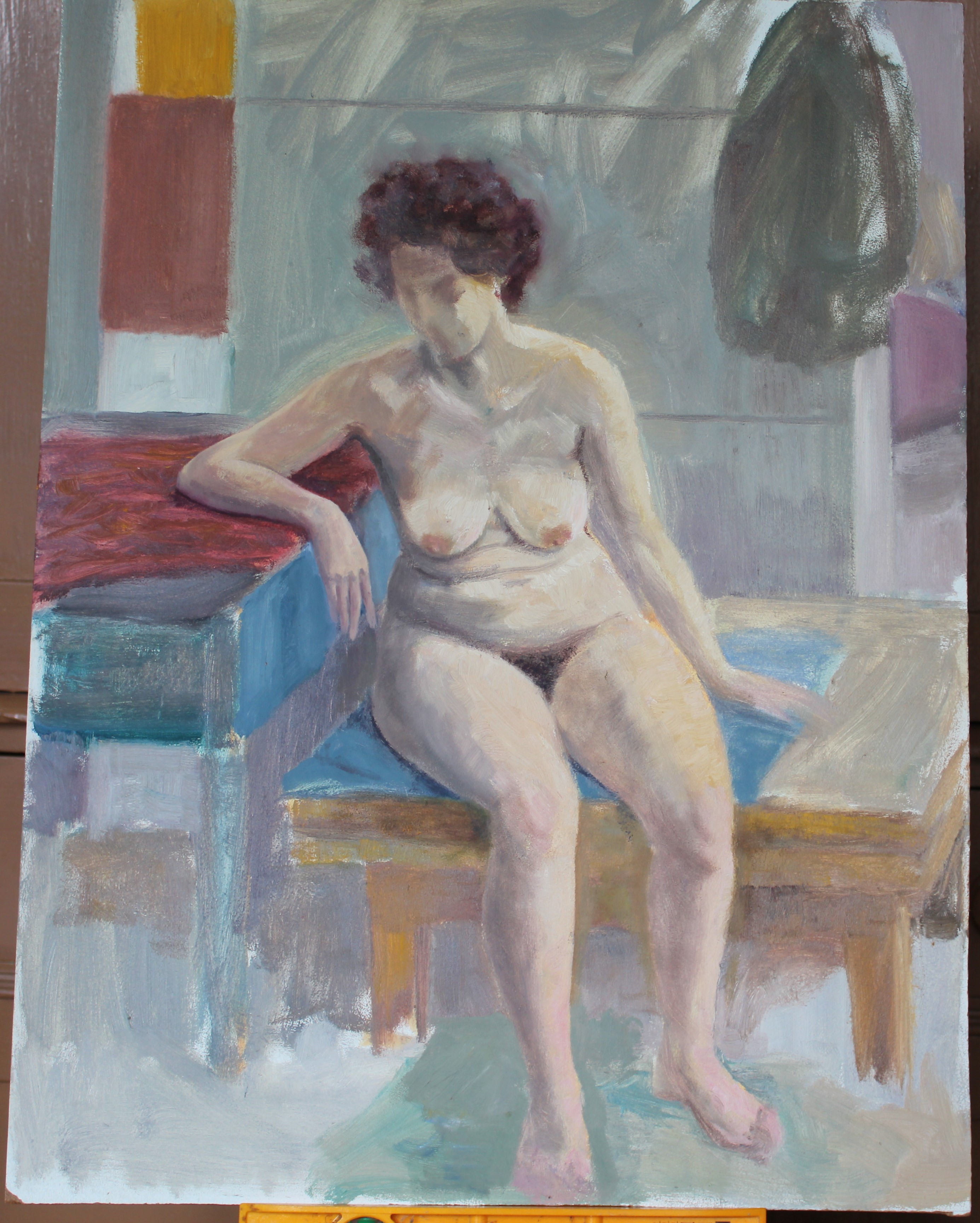 •STUDY OF A NUDE WOMAN IN GREEN-DRAPED ARMCHAIR Unsigned unframed oil on board, 40 x 31cm, STUDY - Image 4 of 7