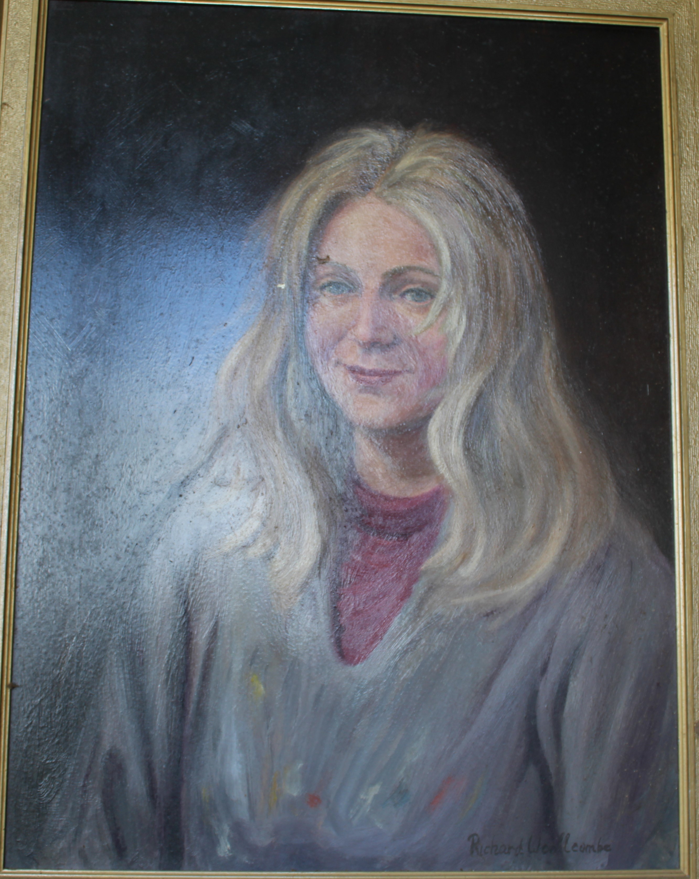 •PORTRAIT OF YOUNG WOMAN WITH BLONDE HAIR Signed framed oil on board, 59 x 43.5cm.