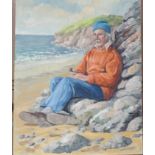 •AN ELDERLY MAN SITTING AGAINST ROCKS ON A BEACH CONTEMPLATING HOLDING A PIPE Signed unframed oil on