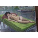 •STUDY OF A FEMALE NUDE RECLINING ON A DAY BED Unsigned unframed oil on board, 46 x 61cm, three