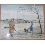 •BIDEFORD, WOMAN, CHILD AND DOG BESIDE RIVER Unsigned framed watercolour, 22.5 x 29cm, CALSTOCK