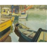 •WATCH BELOW, A YOUNG GIRL ASLEEP IN A ROWING BOAT Signed unframed oil on board, 60 x 75.5cm, titled