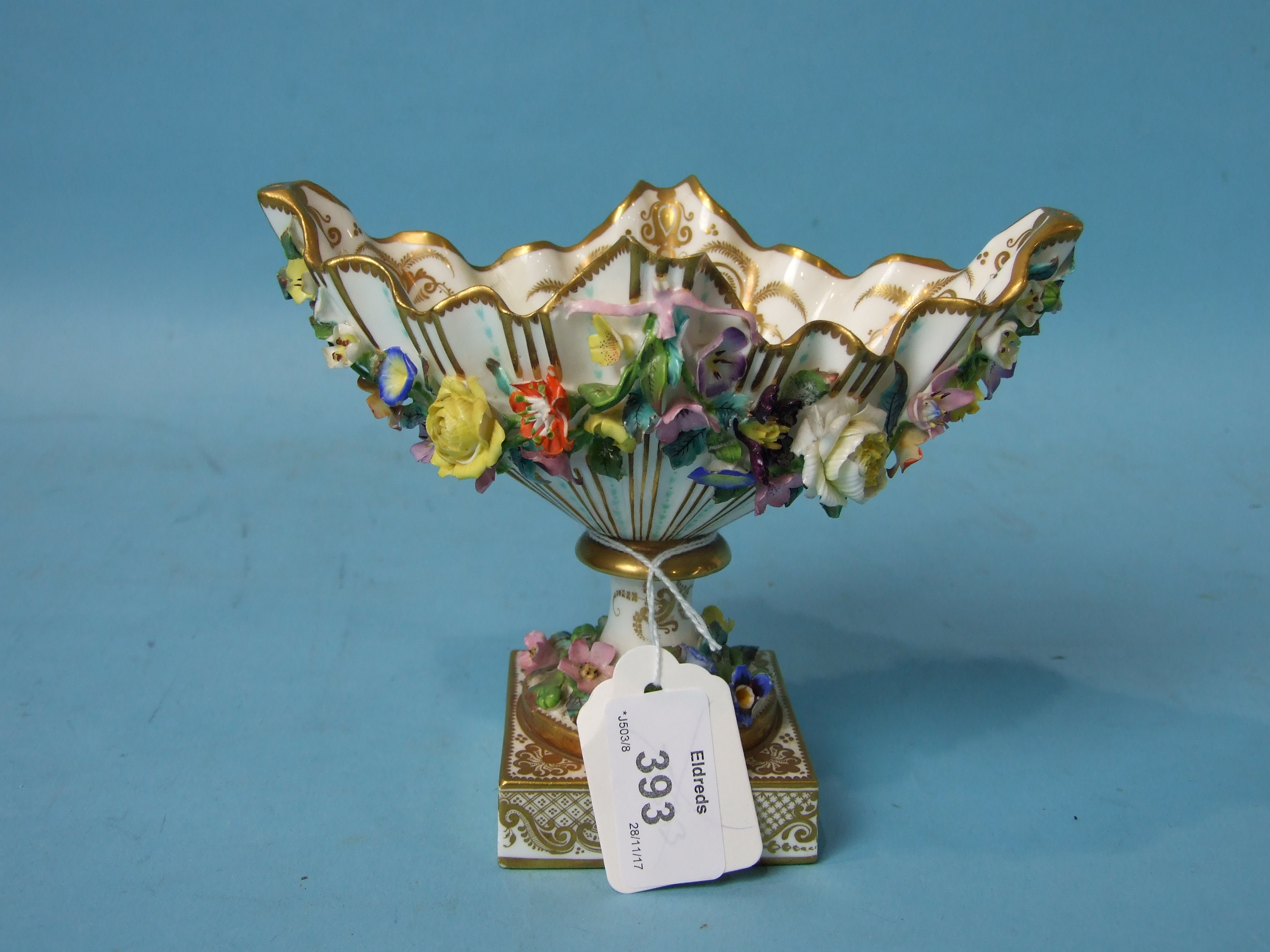 A mid-19th century Minton porcelain boat-shaped vase on square base encrusted with flowers, fine - Image 2 of 4