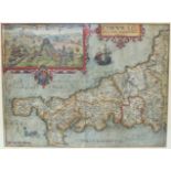 William Kip, 'Cornwall Olim Pars Danmoniorum', a hand-coloured map with vignette of Launceston