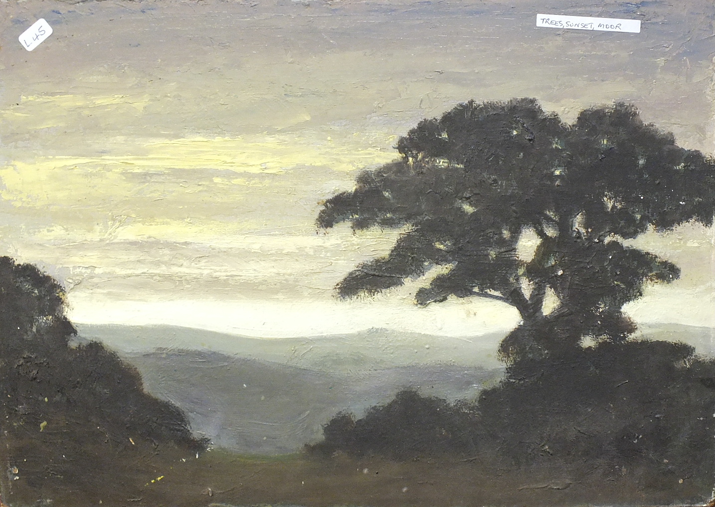 •MOORLAND SUNSET LANDSCAPE WITH TREES Unsigned unframed oil on board, 25.3 x 35cm.